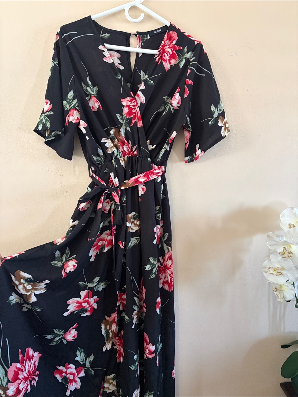 Black Floral Wrap Maxi Dress with Pink Blooms Size L